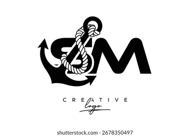 SM Creative Monogram Latter Logo with Anchor and Rope Design