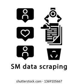 SM data scraping glyph icon. RPA. ?hat history archiving. Cloud storage automatic cleaning. Robot scraping social media data. Silhouette symbol. Negative space. Vector isolated illustration