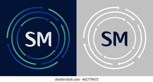 SM design template elements in abstract background logo, design identity in circle, letters business logo icon, blue/green alphabet letters, simplicity graphics
