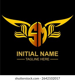 SM Golden Wing Emblem Logo with elegant gold wings, sleek and modern design. Ideal for branding, creative projects, luxury businesses, or artistic ventures.