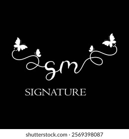 SM  Handwritten initial letter, SM simple signature vector logo with butterfly shape variation, beauty, photography letter logo design. S M