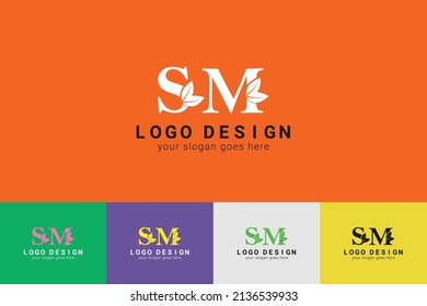 SM letters eco logo with leaf. Vector typeface for nature posters, eco friendly emblem, vegan identity, herbal and botanical cards etc. Ecology SM letters logo with leaf.