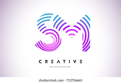 SM Lines Warp Logo Design.Vector Letter Icon Made with Purple Circular Lines.
