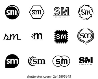 SM logo company template. Letter s and m logotype. Set different classic serif lettering and modern bold text with design elements. Initial font typography. Collection trendy business identity.