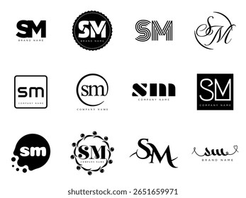 Modelo da empresa de logotipo SM. Letra s e logótipo m. Defina diferentes letras serifas clássicas e texto em negrito moderno com elementos de design. Tipografia inicial da fonte. Coleção de identidade de negócios na moda.