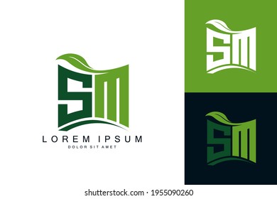 SM logo monogram with green leaf nature organic bio curved shape premium vector design template