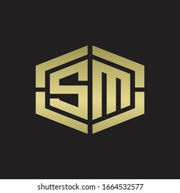 Monograma del logotipo de SM con forma hexagonal y placa de diseño redondeada de la línea de la pieza con colores dorados