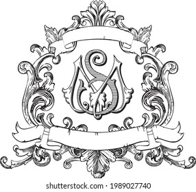 SM Monogram with Baroque Ornament Pattern Isolated