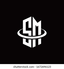 SM monogram logo in a hexagon style and surrounded by a ring