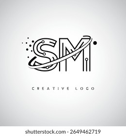 Logotipo do Monograma da Órbita SM - Marca de Letra Mínima Futurista com Linha de Arte Circular, Pontos Inspirados na Tecnologia e Conceito de Movimento Espacial para Identidade de Marca Moderna