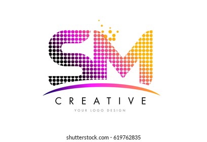 SM S M Dots Letter Logo Design with Magenta Bubble Circles and Swoosh