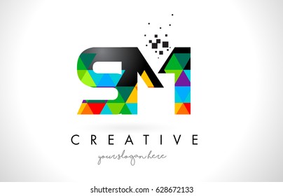 SM S M Letter Logo with Colorful Vivid Triangles Texture Design Vector Illustration.