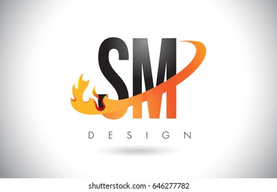 SM S M Letter Logo Design with Fire Flames and Orange Swoosh Vector Illustration.