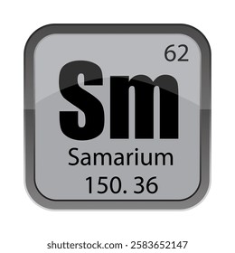 Sm samarium 62. Sixty two symbol. Atomic mass 150.36. Gray metal tile.