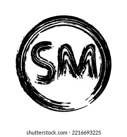 SM sign - Service Mark in a circle, black brush drawing, vector image