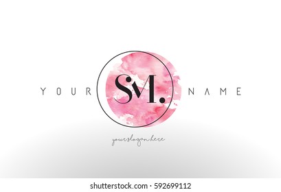 SM Watercolor Letter Logo Design with Circular Pink Brush Stroke.