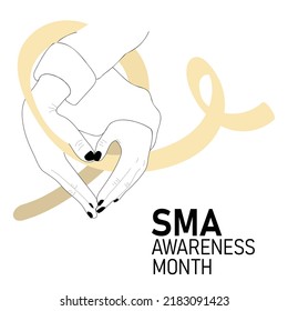 SMA awareness month poster. Spinal Muscular atrophy ribbon. Vector cartoon illustration of  hands with a heart shape holding a ribbon.