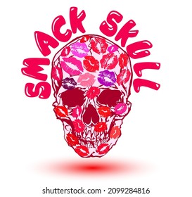 Olvida a Skull. Ilustración vectorial del cráneo cubierto de besos y tiras de labios en un colorido estilo de arte pop.