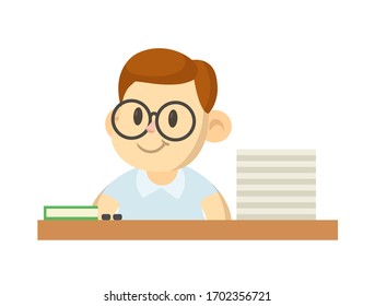 Smailing cartoon nerdy character in big glasses behind the study desk. Colorful flat vector illustration, isolated on white background.
