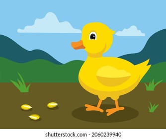 smal duck eat corn, nature in the background, vector illustration