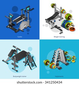 Pequeños carteles 2x2 con entrenador de peso cardiovascular de peso corporal e implementa ilustraciones vectoriales realistas isométricas
