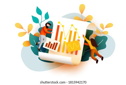 Small 3d flying and analyzing diagram data. Business audit concept. Vector illustration