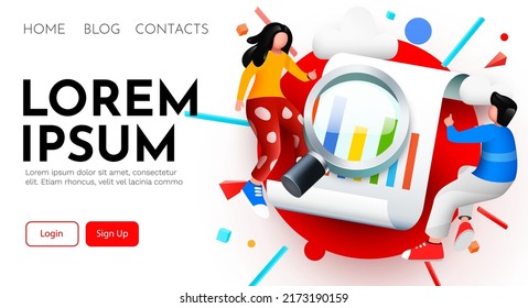 Small 3d flying and analyzing diagram data with magnifying glass. Business audit concept. Vector illustration