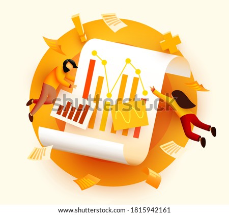 Small 3d flying and analyzing diagram data. Business audit concept. Vector illustration
