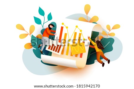 Small 3d flying and analyzing diagram data. Business audit concept. Vector illustration