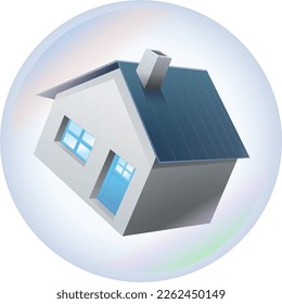 Small 3D house with its blue window and door in the middle of a transparent bubble representing a real estate bubble (cut out)