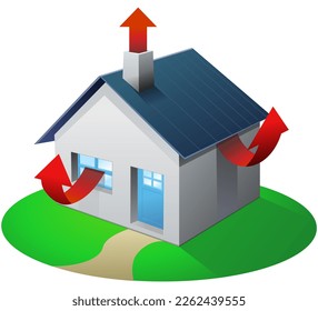 Kleines 3D-Haus mit seinem Fenster und seiner blauen Tür, von der die Hitze kommt, die durch rote Pfeile aufgrund einer fehlenden Isolierung (ausgeschnitten)