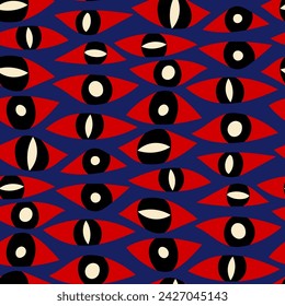 Small abstract different red eyes isolated on a blue background. Seamless pattern. Vector simple flat graphic hand drawn illustration. Texture.