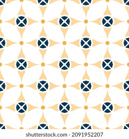Small abstract drop shapes motif round square pattern continuous geometric background. Japanese style modern geo fabric design textile swatch allover print block. Classic blue white yellow palette.