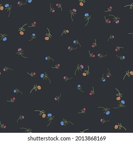 Small abstract floral seamless vector pattern in colorful Slavic style. Groovy folk design with bright green, red, orange and blue flower buds on black background. Tiny ditsy style summer drawing.