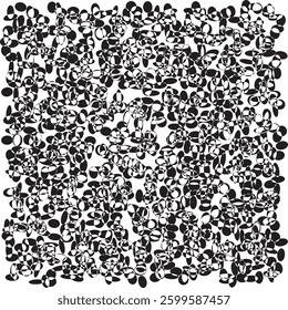 Small abstract, random shaped black bits wildly intermingling on white base