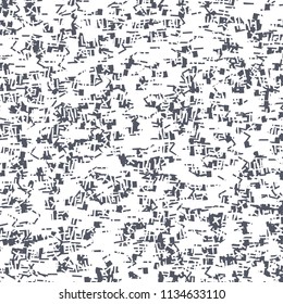 Small abstract shapes, dashes, dots randomly scattered. Rough texture. Monochrome decorative background. Vector illustration.