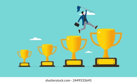 small achievements as motivation to achieve bigger goals, strategies to inspire greater success, smart businessman jumping from small win trophy to get bigger one concept vector illustration