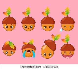 Small acorn with different facial expressions