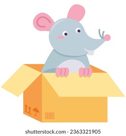 Pequeña rata de adopción gris se sienta en una caja de cartón para regalo de cumpleaños. Ratón sin hogar. El concepto de cuidado de animales y mascotas. Ilustración de dibujos animados aislados en fondo blanco