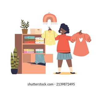 Niña afroamericana pequeña eligiendo ropa de camisa y vestido. Pequeño y lindo chico vistiéndose en casa, cambiando de ropa para un evento especial. Dibujo vectorial plano de dibujos animados