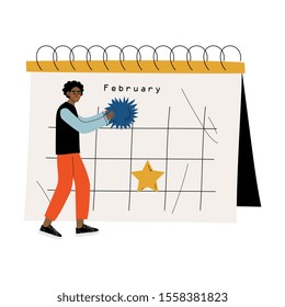 Small African American Man Standing Near Big Calendar Planning and Scheduling Important Events, Time Management and Business Planning Vector Illustration