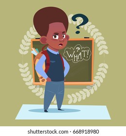 Small African American School Boy Standing Over Class Board With Question Sign Schoolboy Education Banner Flat Vector Illustration