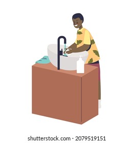 Niño africano pequeño lavando manos en el lavabo con agua y jabón. Pequeña mano de limpieza en el baño. Higiene infantil y concepto de salud. Dibujo vectorial plano de dibujos animados