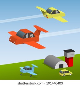 Small Aircraft At The Airport, Color Planes, Flying Cars, Sightseeing Flights, Vector Cartoon Illustration