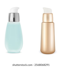 Small airless pump dispenser bottle vector mockup. Face skin cosmetic product packaging. Serum essence dropper bottle. Beauty makeup foundation cream container template, isolated on background