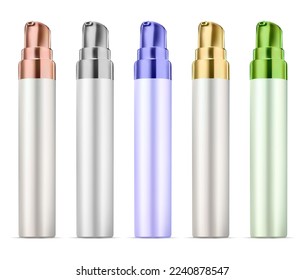 Small airless pump face skin serum essence bottle. Dispenser tube blank for liquid beauty care product. Face foundation flacon with silver and gold dropper cap, vector illustration for label