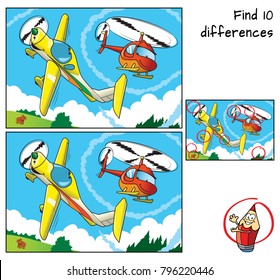 A small airplane boy and a helicopter girl. Find 10 differences. Educational game for children. Cartoon vector illustration