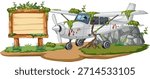 Small airplane covered in moss and vines, grounded beside blank wooden sign, cartoon vector style