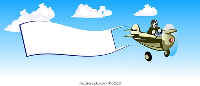 The small airplane flies in the sky. The Airplane convey lined paper with advertisment. There is white clouds in the sky behind the airplane.