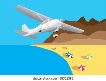 Small airplane flying over the tropical beach